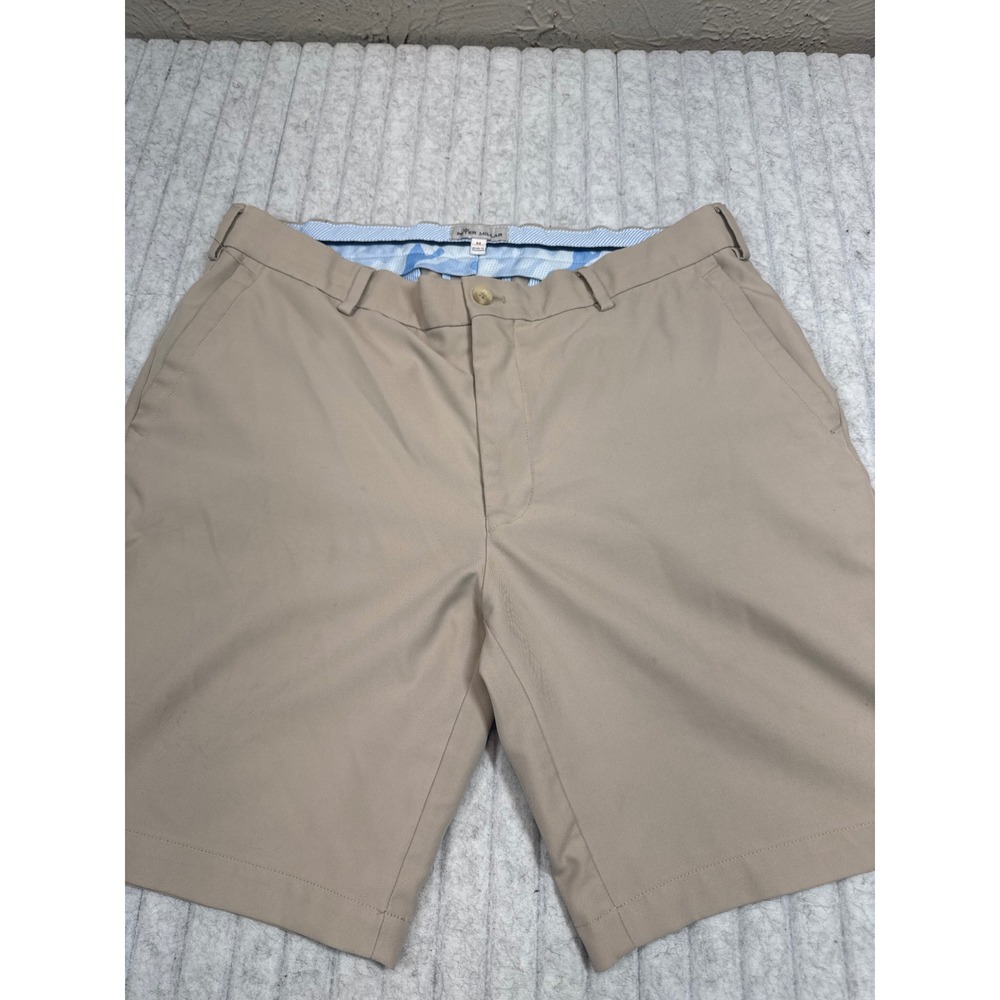 Peter Millar Crown Sport Mens 34 Khaki Tan Performance Golf Shorts Red Fox Logo